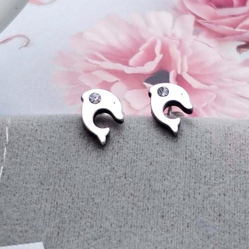 Boucles d'oreilles en acier titane, avec zircon cubique, dauphin, bijoux de mode & pour femme, couleur originale, protéger l'environnement, sans nickel, plomb et cadmium, 10mm, Vendu par paire