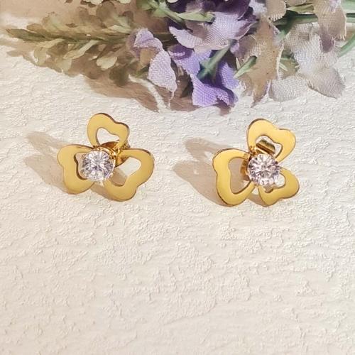 Boucles d'oreilles en acier titane, avec zircon cubique, Trois Clover Leaf, Placage ionique sous vide, bijoux de mode & pour femme & creux, doré, protéger l'environnement, sans nickel, plomb et cadmium, 10mm, Vendu par paire