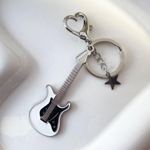 Zinc Alloy Key Chain Jewelry, Guitar, silver color plated, Unisex & enamel 