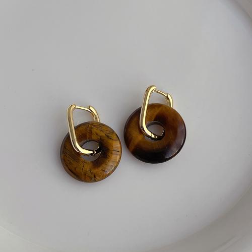 Gemstone Drop Earring, Brass, with Tiger Eye, plated, fashion jewelry [