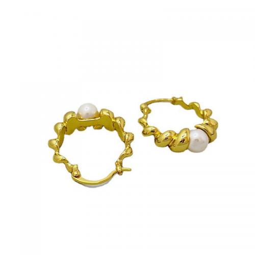 Brass Drop Earring, with Plastic Pearl, 18K gold plated, fashion jewelry & for woman [