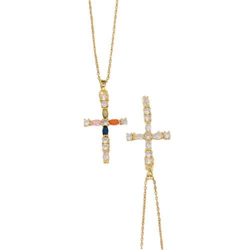 Cubic Zircon Micro Pave Brass Necklace, Cross, real gold plated, micro pave cubic zirconia & for woman, golden [