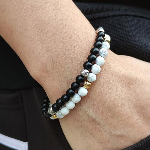 Gemstone Bracelets, 304 Stainless Steel, with Abrazine Stone & Elastic Thread & Agate, handmade, Unisex, black Approx 18 cm 