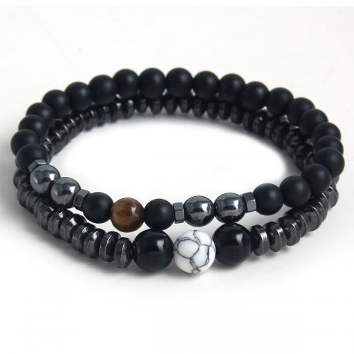 Gemstone Bracelets, 304 Stainless Steel, with Abrazine Stone & Tiger Eye & Hematite, plated, Unisex black Approx 18 cm 