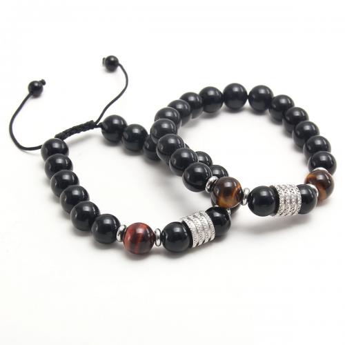 Pulseras de piedra del ojo del tigre, acero inoxidable 304, con Cuentas de vidrio & Cordón de cera & Ojo de tigre, con 5CM extender cadena, chapado, unisexo & diferentes estilos para la opción, Negro, longitud:aproximado 18 cm, Vendido por UD