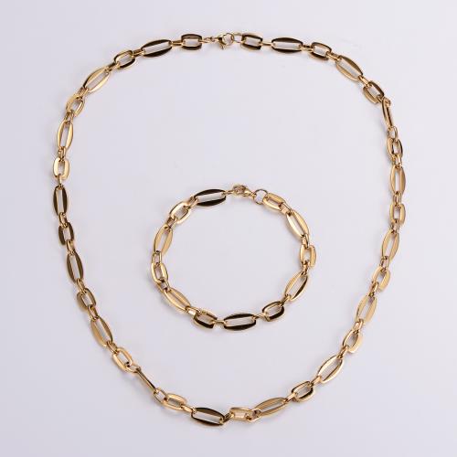 Fashion Stainless Steel Jewelry Sets, 304 Stainless Steel, bracelet & necklace, Vacuum Ion Plating, fashion jewelry & Unisex, golden, Necklace length 55cm,bracelet length 21cm 