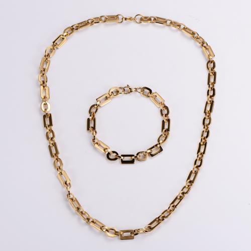 Fashion Stainless Steel Jewelry Sets, 304 Stainless Steel, bracelet & necklace, Vacuum Ion Plating, fashion jewelry & Unisex, golden, Necklace length 55cm,bracelet length 21cm 