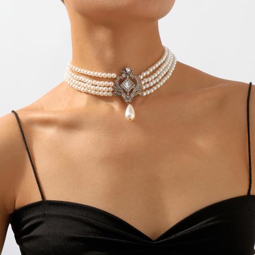 Ожерелье Мода Choker, цинковый сплав, с Пластиковая жемчужина, плакирован серебром, ювелирные изделия моды & многослойный & Женский & со стразами, Много цветов для выбора, продается PC