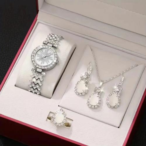 Rhinestone Zinc Alloy Jewelry Set, watch & finger ring & earring & necklace, Teardrop, gold color plated, 4 pieces & for woman & with rhinestone [