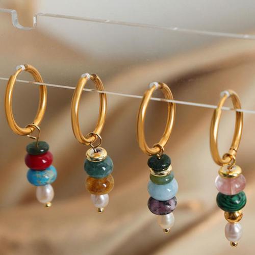 Boucles d'oreilles en acier titane, avec Pierre naturelle & perle d'eau douce cultivée, Plaqué or 18K, bijoux de mode & pour femme, plus de couleurs à choisir Vendu par paire