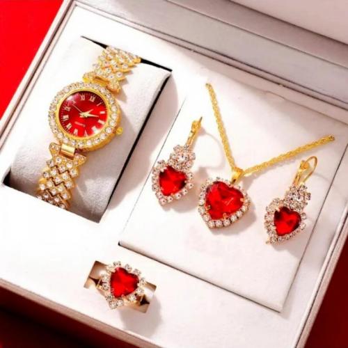 Rhinestone Zinc Alloy Jewelry Set, watch & finger ring & earring & necklace, gold color plated, 4 pieces & with rhinestone [