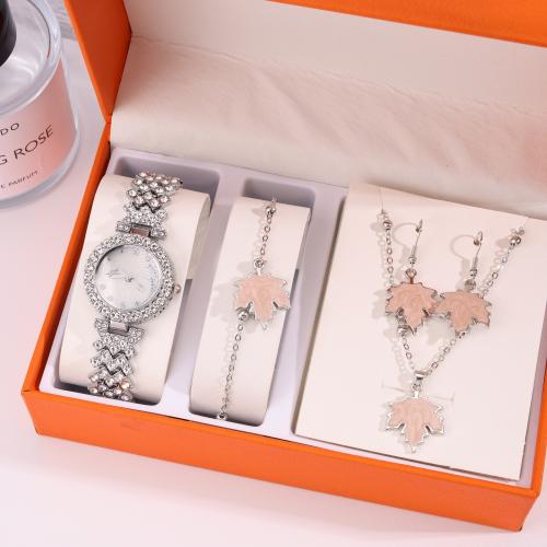 Rhinestone Zinc Alloy Jewelry Set, watch & bracelet & earring & necklace, silver color plated, 4 pieces & enamel & with rhinestone [