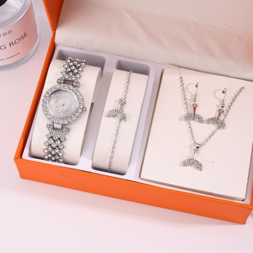 Strass Zink Legierung Schmuck Set, Zinklegierung, Uhr & Armband & Ohrring & Halskette, silberfarben plattiert, 4 Stück & verschiedene Stile für Wahl & mit Strass, keine, 165x70x110mm, verkauft von setzen