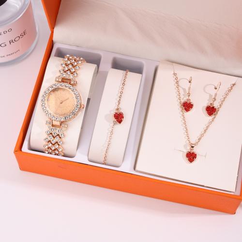 Rhinestone Zinc Alloy Jewelry Set, watch & bracelet & earring & necklace, gold color plated, 4 pieces & with rhinestone [