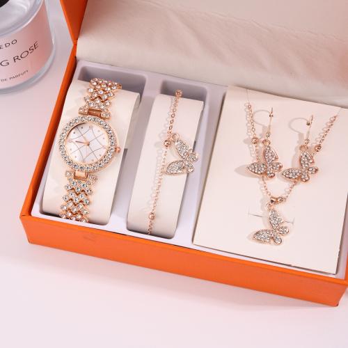 Rhinestone Zinc Alloy Jewelry Set, watch & bracelet & earring & necklace, gold color plated, 4 pieces & with rhinestone [