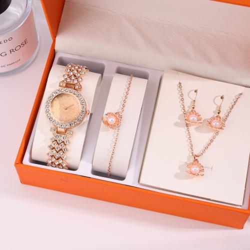 Rhinestone Zinc Alloy Jewelry Set, watch & bracelet & earring & necklace, with Plastic Pearl, gold color plated, 4 pieces & with rhinestone [