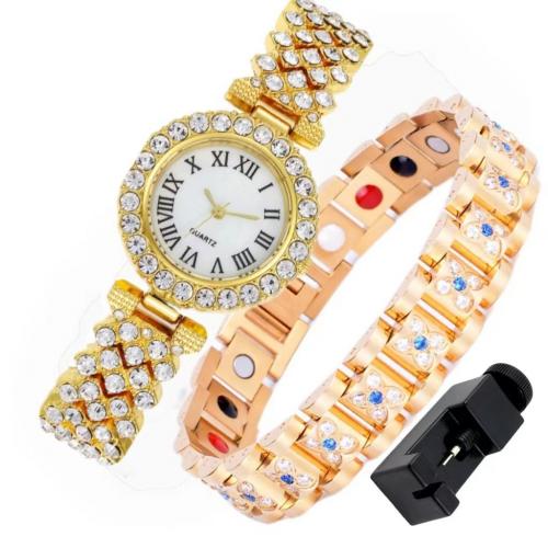 Rhinestone Zinc Alloy Jewelry Set, Watch Band Remove Tools & watch & bracelet, plated, 2 pieces & three pieces & with rhinestone [