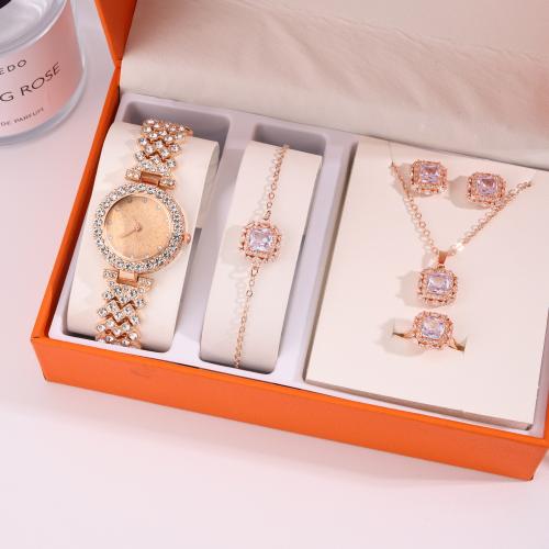 Rhinestone Zinc Alloy Jewelry Set, Stud Earring & watch & bracelet & necklace, gold color plated, 4 pieces & with rhinestone [