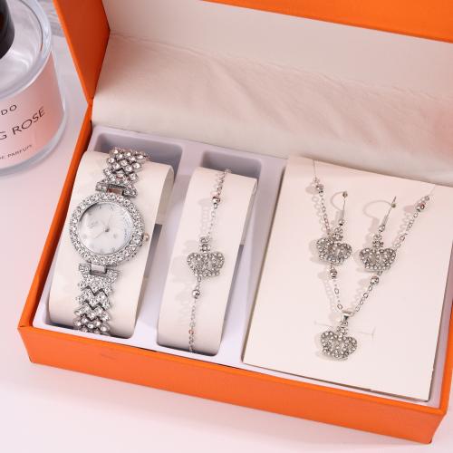 Rhinestone Zinc Alloy Jewelry Set, watch & bracelet & earring & necklace, silver color plated, 4 pieces & with rhinestone [