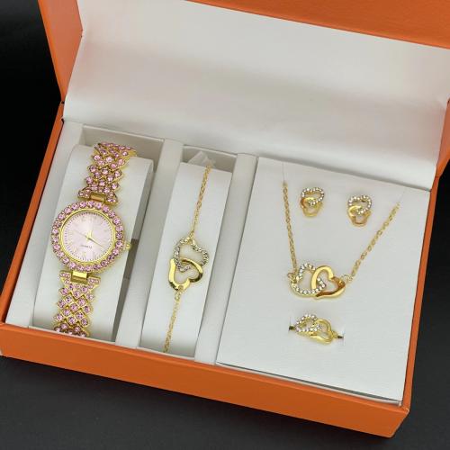 Rhinestone Zinc Alloy Jewelry Set, Stud Earring & watch & finger ring & bracelet & necklace, gold color plated, 5 pieces & with rhinestone [