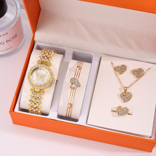 Rhinestone Zinc Alloy Jewelry Set, Stud Earring & watch & finger ring & bracelet & necklace, gold color plated, 5 pieces & with rhinestone [