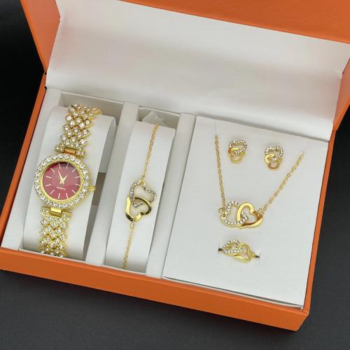 Rhinestone Zinc Alloy Jewelry Set, watch & bracelet & earring & necklace, gold color plated, 4 pieces & enamel & with rhinestone [