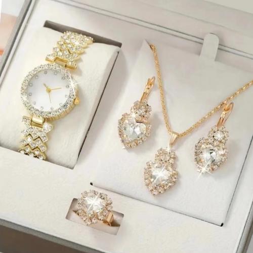 Rhinestone Zinc Alloy Jewelry Set, watch & finger ring & earring & necklace, gold color plated, 5 pieces & with rhinestone [