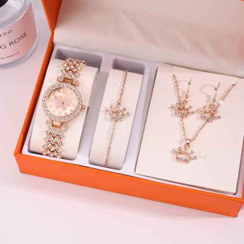 Rhinestone Zinc Alloy Jewelry Set, watch & bracelet & earring & necklace, gold color plated, 4 pieces & with rhinestone [