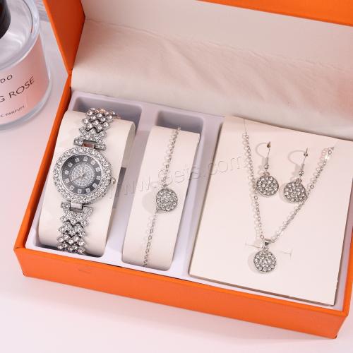 Rhinestone Zinc Alloy Jewelry Set, watch & bracelet & earring & necklace, silver color plated, 4 pieces & with rhinestone [