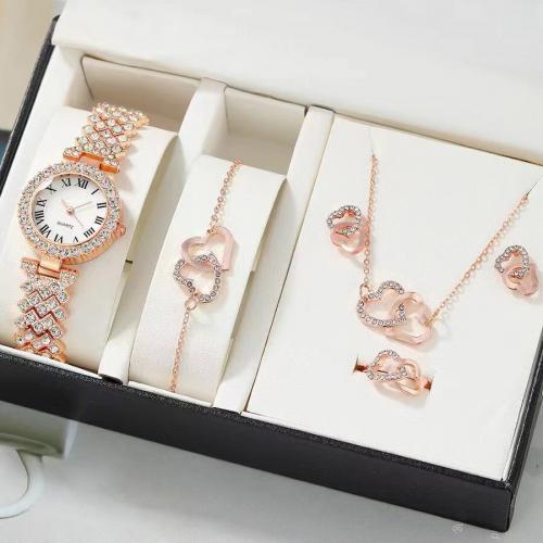 Rhinestone Zinc Alloy Jewelry Set, Stud Earring & watch & finger ring & bracelet & necklace, plated, 5 pieces & for woman & with rhinestone [