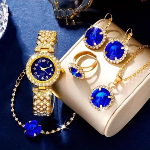 Rhinestone Zinc Alloy Jewelry Set, watch & finger ring & bracelet & earring, Round, gold color plated, 5 pieces & for woman & with rhinestone, blue [