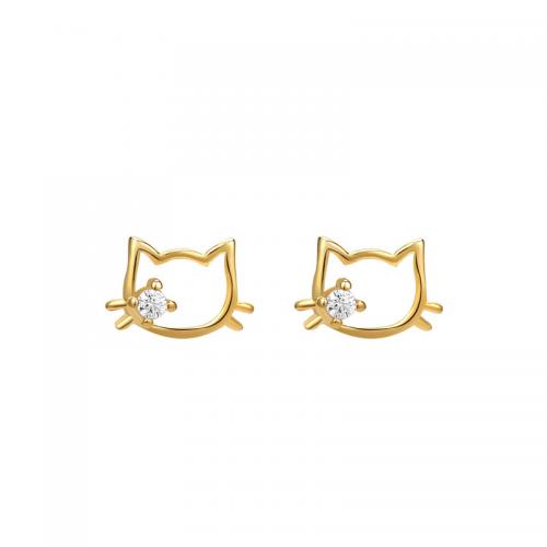 925 Sterling Silver Stud Earring, Cat, plated, for woman & with rhinestone & hollow 