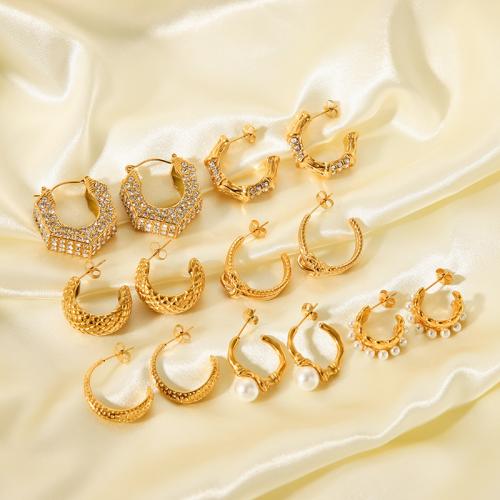 Stainless Steel Rhinestone Stud Earring, 304 Stainless Steel, 18K gold plated & for woman & with rhinestone, golden 