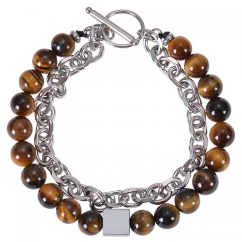 Piedras preciosas Pulsera, con acero inoxidable 304, hecho a mano, Doble capa & diferentes materiales para la opción & para hombre, longitud:aproximado 7-8.5 Inch, Vendido por UD