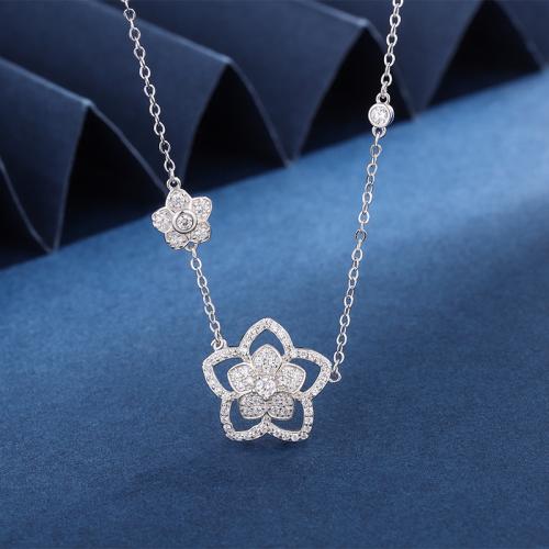 Zircon cubique Micro Pave collier en argent sterling, Argent sterling 925, avec 1.97inch chaînes de rallonge, fleur, Placage, bijoux de mode & pavé de micro zircon & pour femme, plus de couleurs à choisir Environ 15.75 pouce, Vendu par PC