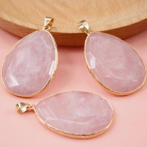 Natural Quartz Pendants, Rose Quartz, Teardrop, gold color plated, DIY, pink 