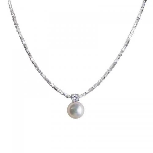 Argent sterling 925 collier, avec perle de verre, avec 2inch chaînes de rallonge, Rond, pavé de micro zircon & pour femme, argent Environ 15 pouce, Vendu par PC[