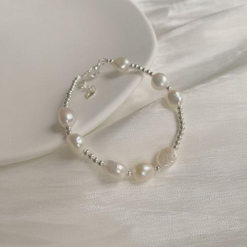 plata de ley 925 Pulsera, con Perlas cultivadas de agua dulce, con 1.2inch extender cadena, Estilo coreano & para mujer, plateado, longitud:aproximado 6.3 Inch, Vendido por UD[