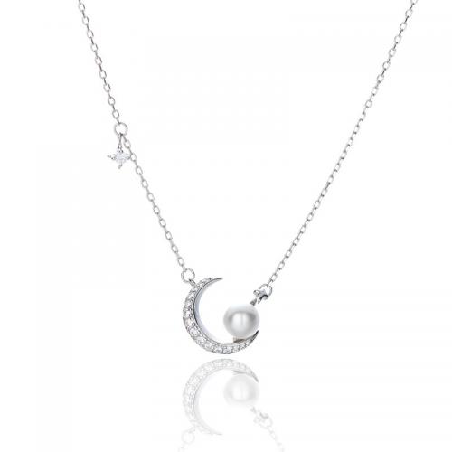 argent sterling 925 collier, avec Shell Pearl, avec 2inch chaînes de rallonge, Lune et Etoile, Plaqué de platine, Chaîne transversale & Style coréen & pavé de micro zircon & pour femme Environ 15.7 pouce, Vendu par PC[