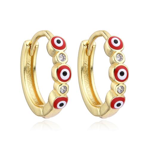 Pendientes de mal de ojo, metal, con cúbica circonia, Donut, chapado en color dorado, Joyería & patrón de malvado de ojo & para mujer & esmalte, más colores para la opción, 16mm, Vendido por Par