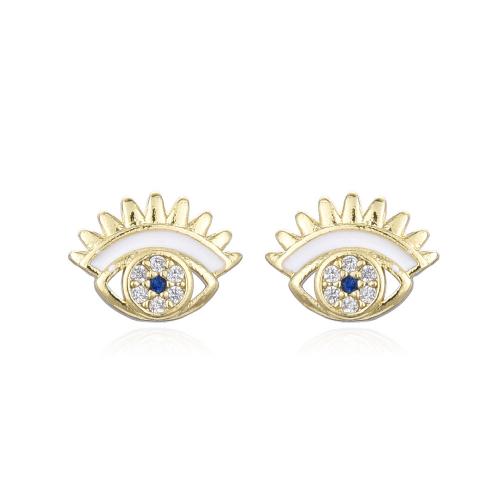 Pendientes de mal de ojo, metal, ojo de malvado, chapado en color dorado, Joyería & micro arcilla de zirconia cúbica & para mujer & esmalte, más colores para la opción, 10x7.5mm, Vendido por Par