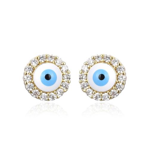 Pendientes de mal de ojo, metal, Redondo aplanado, chapado en color dorado, Joyería & micro arcilla de zirconia cúbica & para mujer & esmalte, más colores para la opción, 9mm, Vendido por Par