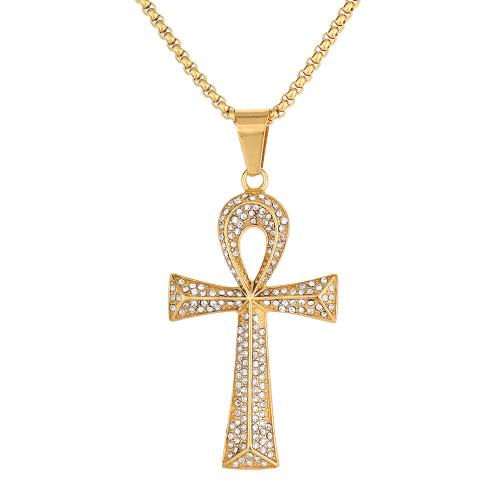 Rhinestone Stainless Steel Pendants, 316 Stainless Steel, Cross, for woman & with rhinestone, golden [