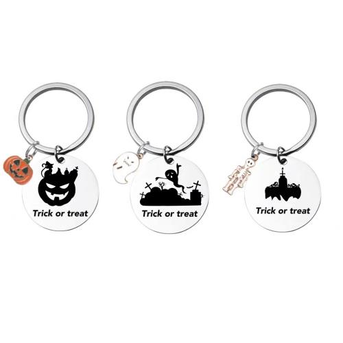 304 Stainless Steel Key Clasp, Flat Round, Halloween Design & Unisex & enamel, original color, 30mm 