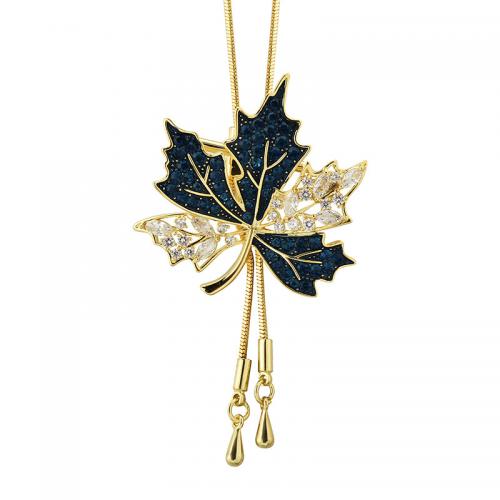 Zinc Alloy Sweater Necklace, Maple Leaf, gold color plated, snake chain & for woman & enamel & with rhinestone Approx 33.9 Inch [