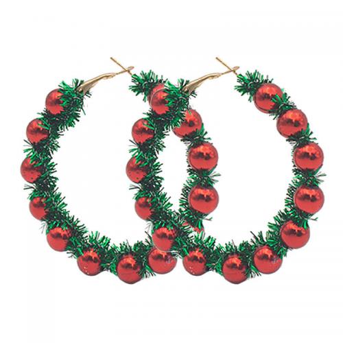 Pendientes de Navidad, aleación de zinc, con Perlas plásticas, Esférico, chapado en color dorado, Diseño de Navidad & para mujer, Rojo, 55x55mm, Vendido por Par