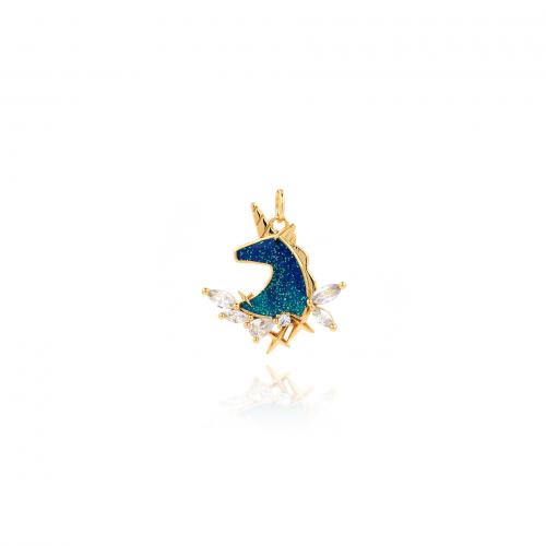 Cubic Zirconia Brass Pendants, Unicorn, 18K gold plated, fashion jewelry & DIY & micro pave cubic zirconia & enamel, blue 