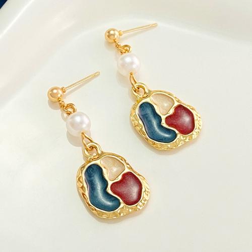 Plastic Pearl Zinc Alloy Earring, with Plastic Pearl & for woman & enamel & with rhinestone [