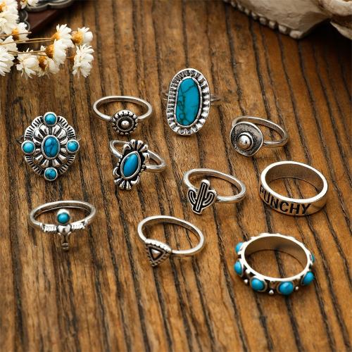 En alliage de zinc Bague, avec turquoise, 10 pièces & bijoux de mode & pour femme, Vendu par fixé