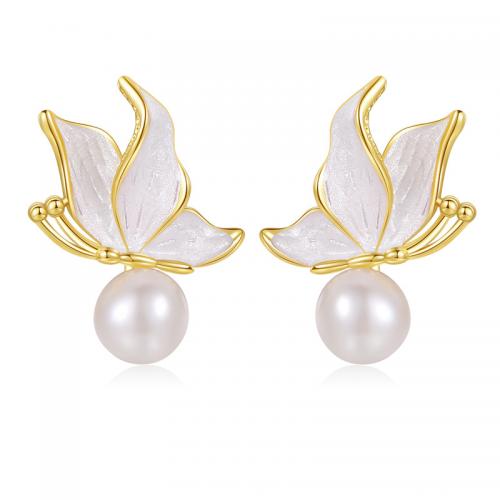 Brass Stud Earring, with Plastic Pearl, plated, for woman & enamel, golden 